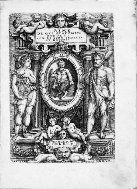 Rime degli Accademici Occulti, Brescia, V. Nicolini da Sabbio, 1568: frontespizio inciso