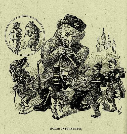 Ruoli invertiti. Un gigantesco orso con colbacco e stivali neri (in lontananza le orientali cupolette del Cremlino) suona il piffero mentre attorno a lui le potenze europee danzano ammaestrate