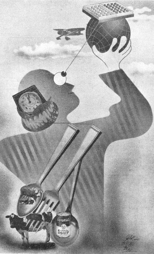 Sintesi di cucina futurista, illustrazione di Paolo Garretto tratta dall’Almanacco Cucinario della “Scena Illustrata” 1939 (1938)