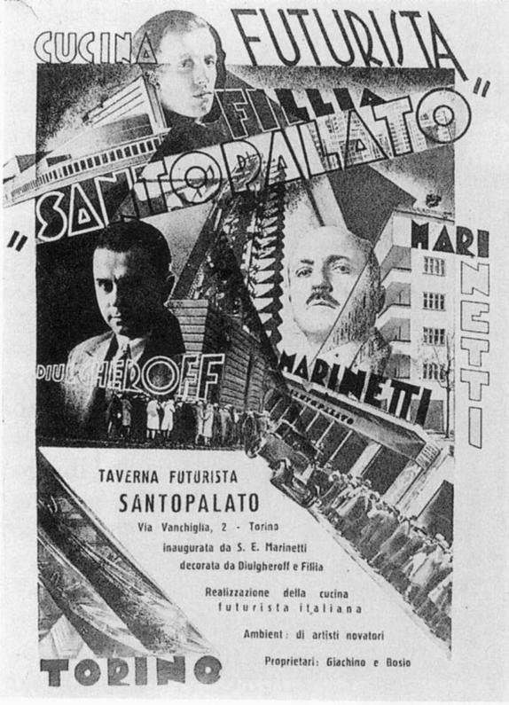 Frontespizio del menu-invito del ristorante “Taverna Futurista Santopalato”. Fotomontaggio di Nicolaj Diulgheroff