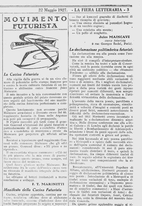 Frammento del Manifesto della cucina futurista di Jules Maincave, con una premessa di Filippo Tommaso Marinetti intitolata La cucina futurista, “La Fiera Letteraria”, anno III, n. 21, Milano 22 maggio 1927
