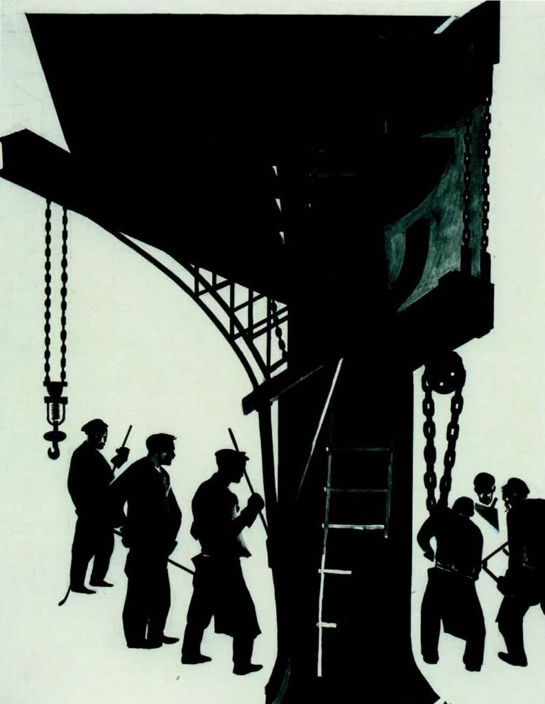 Aleksandr Deineka, Martello a vapore nella fabbrica Kolomenskij, tempera, china e grafite su carta per la rivista “U stanka”, 1925