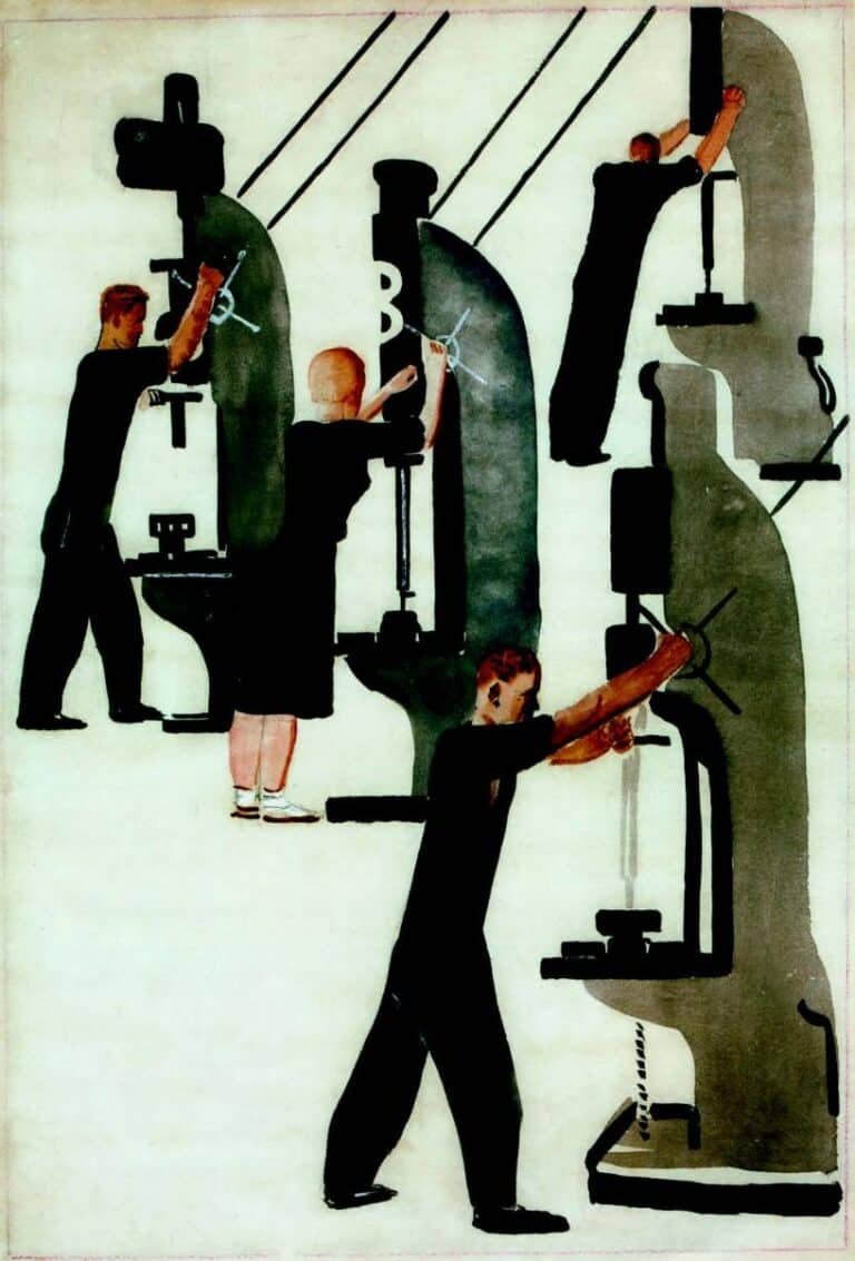 Aleksandr Deineka, In un reparto di meccanica, acquerello e china su carta per la rivista “U stanka”, 1925