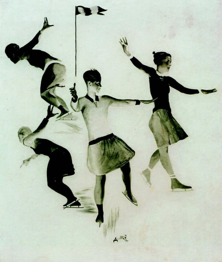 Aleksandr Deineka, Sulla pista di pattinaggio, china e biacca su carta per la rivista “Prozektor”, 1927