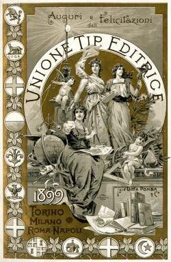 Pubblicità Libraria: Pagina d’auguri all’antiporta del calendario da tavolo 1899 dell’editore torinese Pomba