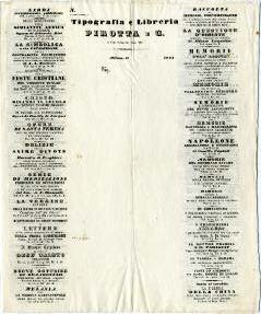 Pubblicità Libraria: Il “Bollettino Bibliografico”, maggio 1837, dei Tipografi e Libraj milanesi Pirotta e Comp., pur stampato fronteretro su un solo grande foglio, mostrava sulla testata l’incisione della stamperia e l’elenco dei corrispondenti in tutte le città italiane (cortesia Michele Rapisarda)