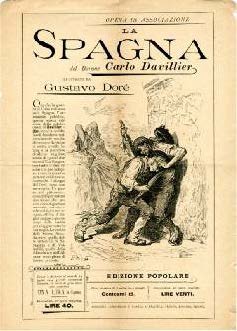 Pubblicità Libraria: Grande foglio sciolto (da inserire in rivista) dove Treves nel 1898 presentava La Spagna di Carlo Davillier, nuova edizione popolare, superbamente illustrata da Gustavo Dorè, dell’opera originale Treves del 1874