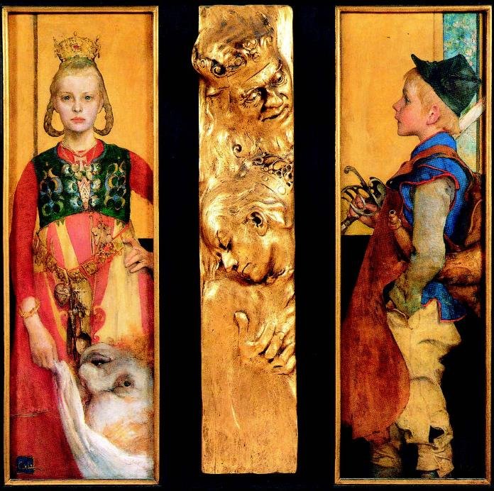 Carl Larsson, Pannello scolpito in legno dipinto a olio La principessa e il ragazzo, 1893