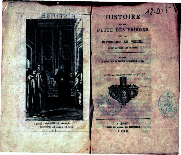 Il frontespizio di Histoire de ma fuite des prisons de la République de Venise, qu’on appelle les Plombs. Écrite à Dux en Bohème l’année 1787, con l’incisione di Berka in antiporta, 1788