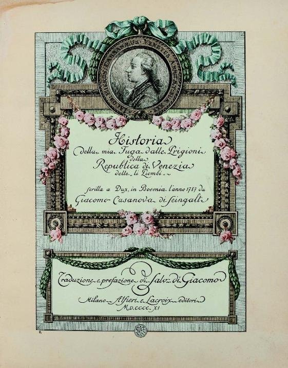 Il magnifico frontespizio con ritratto di fantasia di Giacomo Casanova nell’edizione curata da Di Giacomo