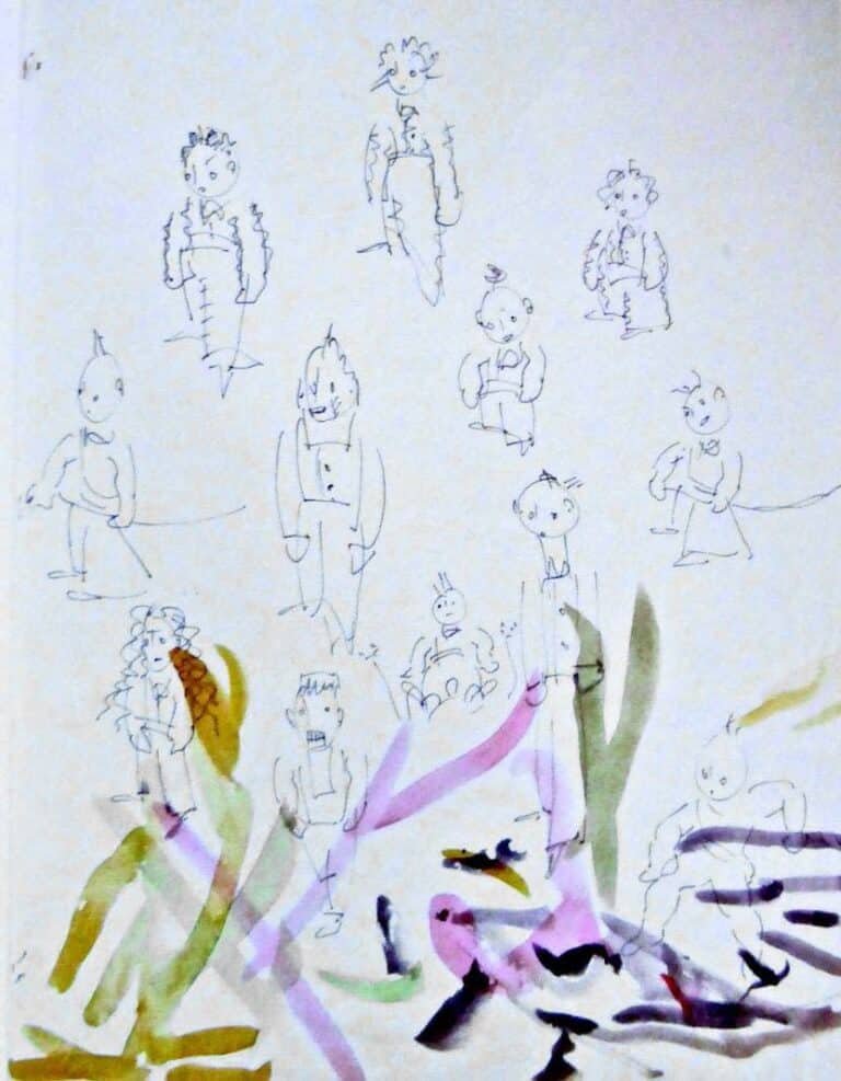 Saint-Exupéry, Serie di dodici piccoli personaggi, inchiostro e acquarello