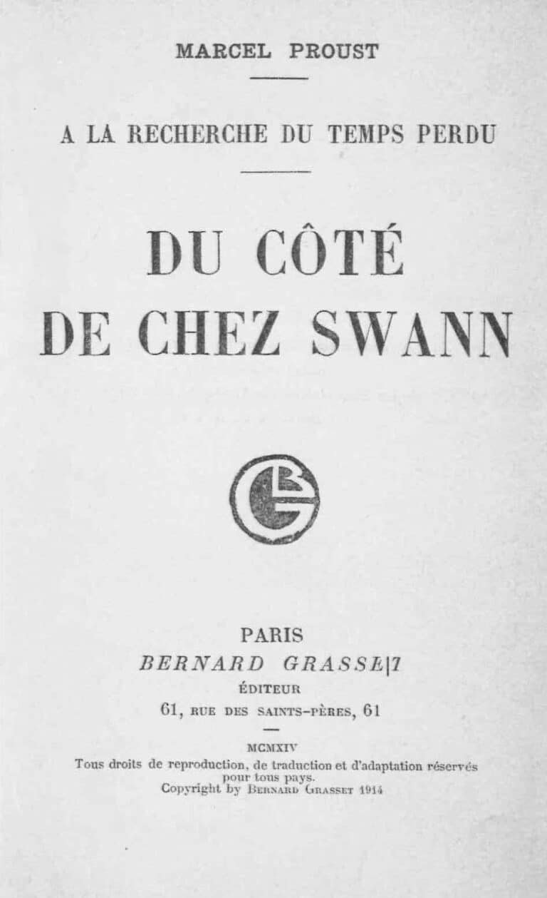 Frontespizio della prima edizione del primo volume della Recherche di Proust, dal titolo Du côté de chez Swann, uscito nel 1914 ma datato 1913