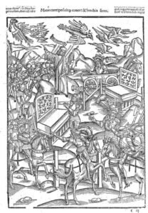 P.V. Maronis Opera, Stampato da J. Grüninger, Strasburgo 1502. Libro XII, Eneide, Turno e re Latino; l’Augure Tolumnio, due altari sacrificali con i discussi alfabeti