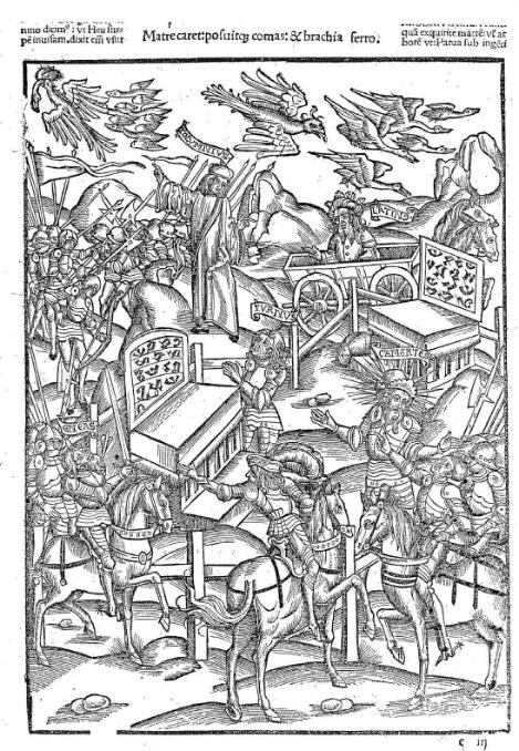 P.V. Maronis Opera, Stampato da J. Grüninger, Strasburgo 1502. Libro XII, Eneide, Turno e re Latino; l’Augure Tolumnio, due altari sacrificali con i discussi alfabeti