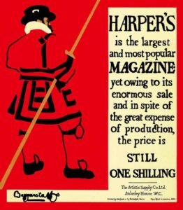 William Nicholson, Il Beefeater dell’Harper’s Magazine si sostanzia dal fondo rosso con poche pennellate nere e due punte di bianco