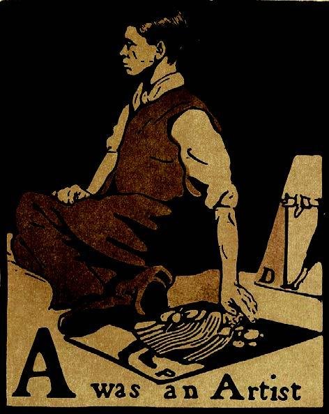 William Nicholson, An Alphabet, A = Nicholson si ritrae nelle vesti dell’artista xilografico