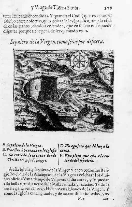 Tomba della Vergine, calcografia a c. M2r, 82 × 104 mm, da Antonio de Castillo, El devoto peregrino, Madrid, Stamperia Reale, 1656.