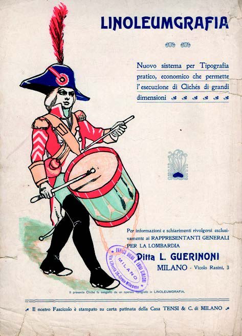Inserzione a piena pagina sulla quarta di copertina del catalogo di vignette tipografiche della milanese Philographos. Attorno al 1906, in Italia, si diffondevano i primi cliché in linoleum