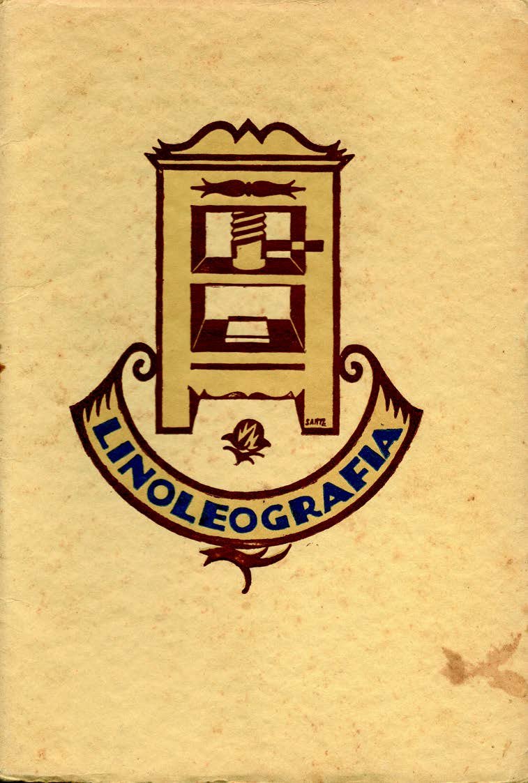 Copertina della prima edizione di Linoleografia. Note pratiche su l’incisione e la stampa linoleografica tratte dalla rivista “I diritti della scuola” di Roma. Scritto da Giovanni Rossi e stampato coi Tipi dell’Archetipografia di Milano attorno al 1932