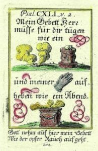 Rebus: Incisione con coloritura a mano, tagliata dal Volume I della Geistliche… del Mattsperger. L’immaginetta, completa di tutte le sue parti, è la n. 86: della Tavola LXVIII