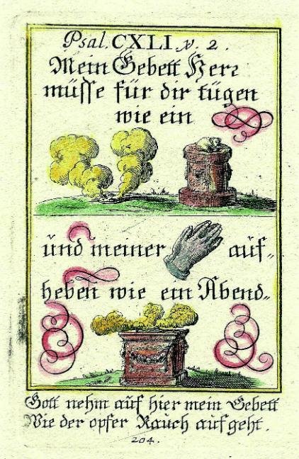 Rebus: Incisione con coloritura a mano, tagliata dal Volume I della Geistliche… del Mattsperger. L’immaginetta, completa di tutte le sue parti, è la n. 86: della Tavola LXVIII