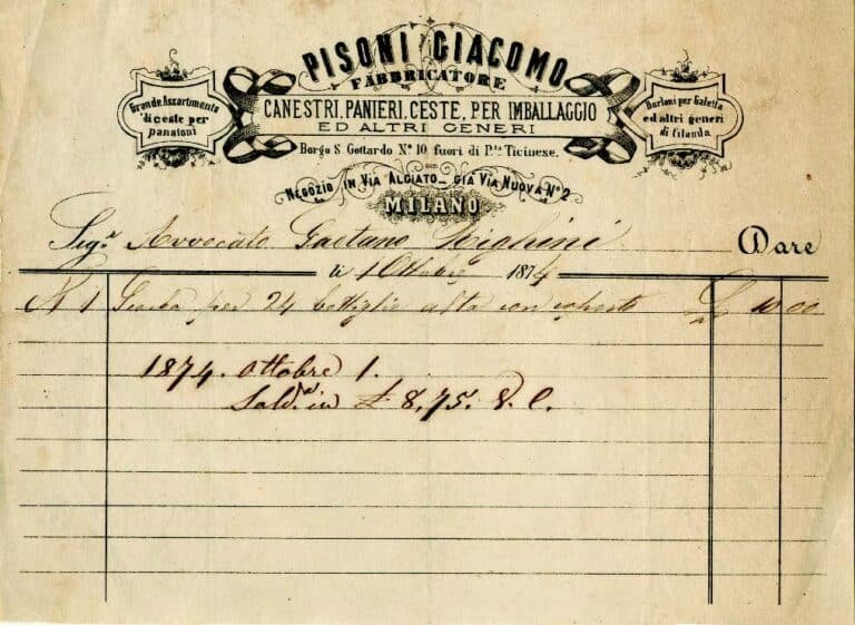 Panettone: Giacomo Pisoni, Milano, fabbricatore canestri e panieri, cesti ecc., fattura, 1874