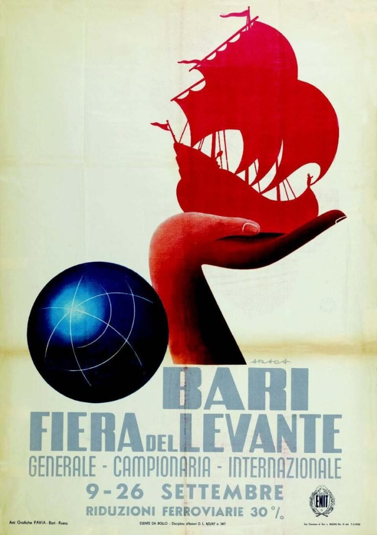 Araca: L’ultima declinazione della caravella per la Fiera del Levante è del 1950, realizzata con l’aggiunta di elementi visivi per ricordare la sua internazionalità