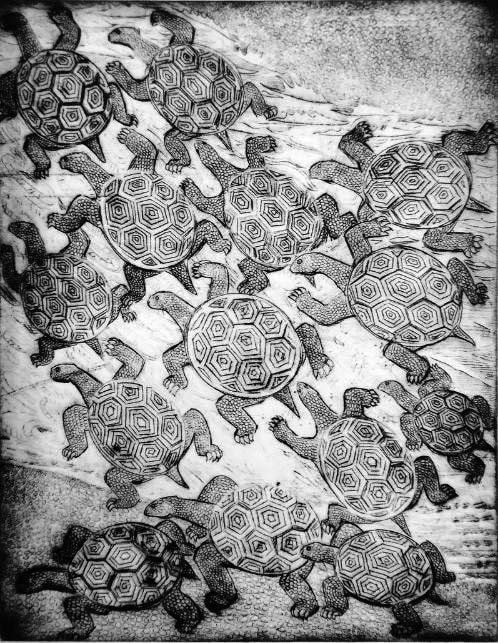 Anton Prinner, Tortues in Le Livre des morts des anciens Égyptiens, acquaforte, bulino e acquatinta, 1948, coll. Bibliothèque Nationale de France, Parigi