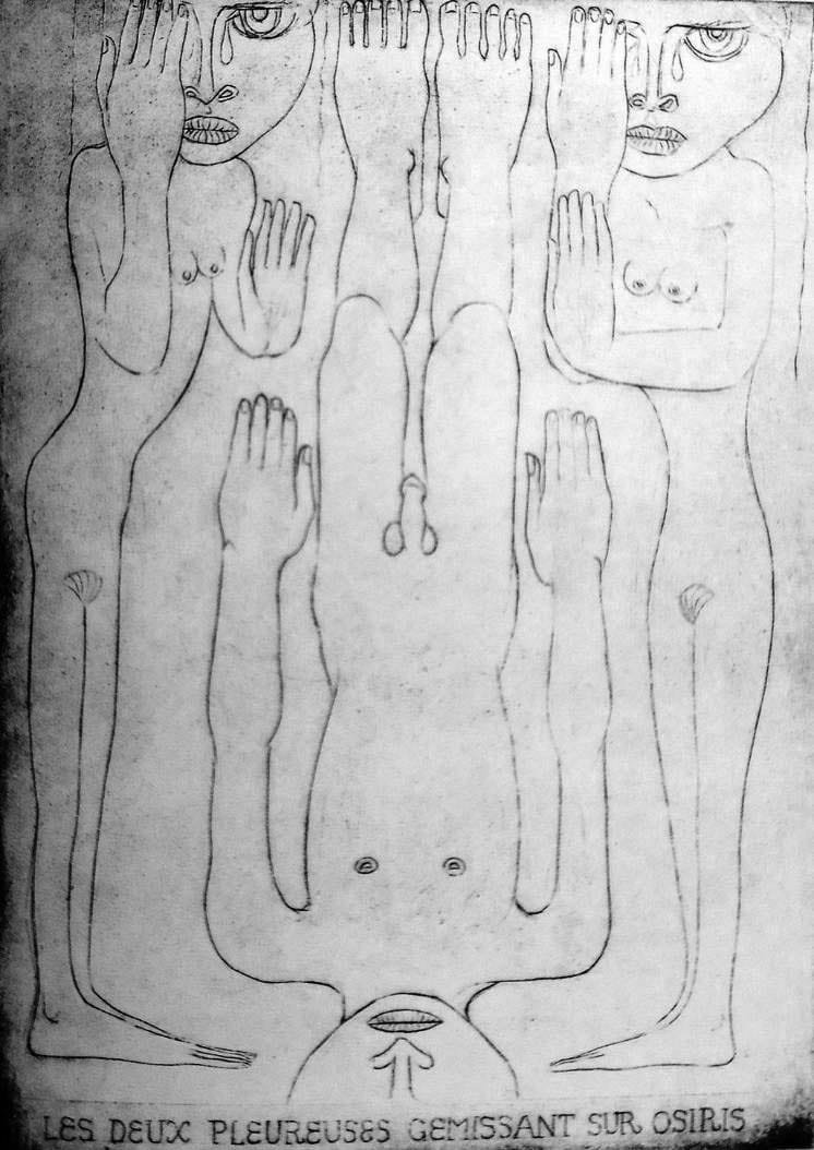 Anton Prinner, Les Deux pleureuses gémissant sur Osiris in Le Livre des morts des anciens Égyptiens, acquaforte e bulino, 1948, coll. Bibliothèque Nationale de France, Parigi