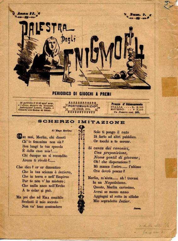 Enigmistica: Palestra degli Enigmofili, Portomaurizio, oggi Imperia, 1886-1887, mensile, Tipo-lito Ghilini