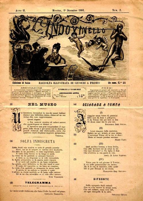 Enigmistica: “L’Indovinello”, Messina, 1880-1881, mensile, Tipografia del Foro