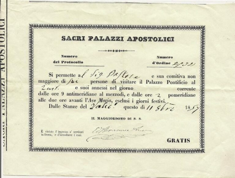 Storia del Turismo, Roma, Palazzi Vaticani 1887, biglietto concesso alla Marchesa Paola Niccolini con seguito di quattro persone per la visita classica ai tesori artistici del Vaticano