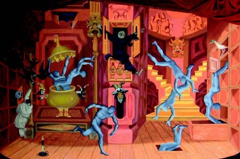 Mario Laboccetta, La pantomima, 1971, olio su faesite 60,5 × 40 cm, Galleria d’arte di Bologna