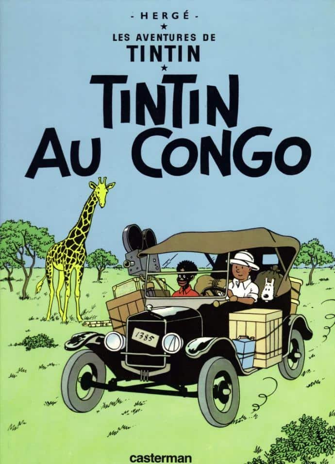 La copertina di Tintin au Congo, realizzata nel 1946. Il fumetto originale apparve a puntate tra il 1930 e il 1931 sulle pagine del supplemento “Le Petit Vingtième”