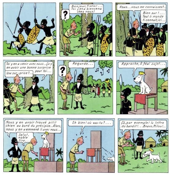 Tintin au Congo, dove a pagina 16 Tintin uccide quindici gazzelle a pagina 50 Milou viene adorato come un feticcio